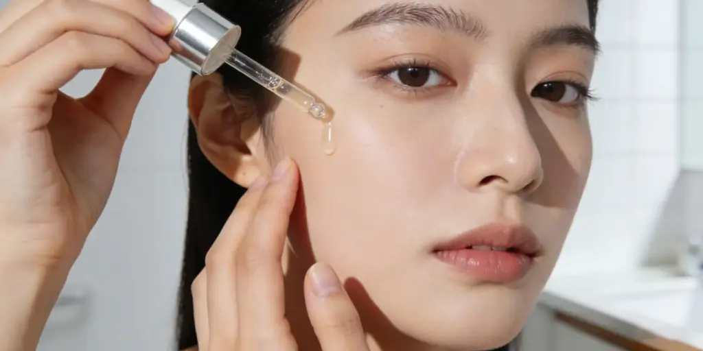Model applying whitening serum to skin, illustrating fast absorption and advanced delivery technology