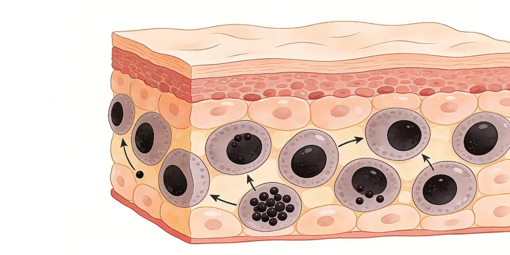 Skin cross section illustration showing melanin production and transfer in the epidermis