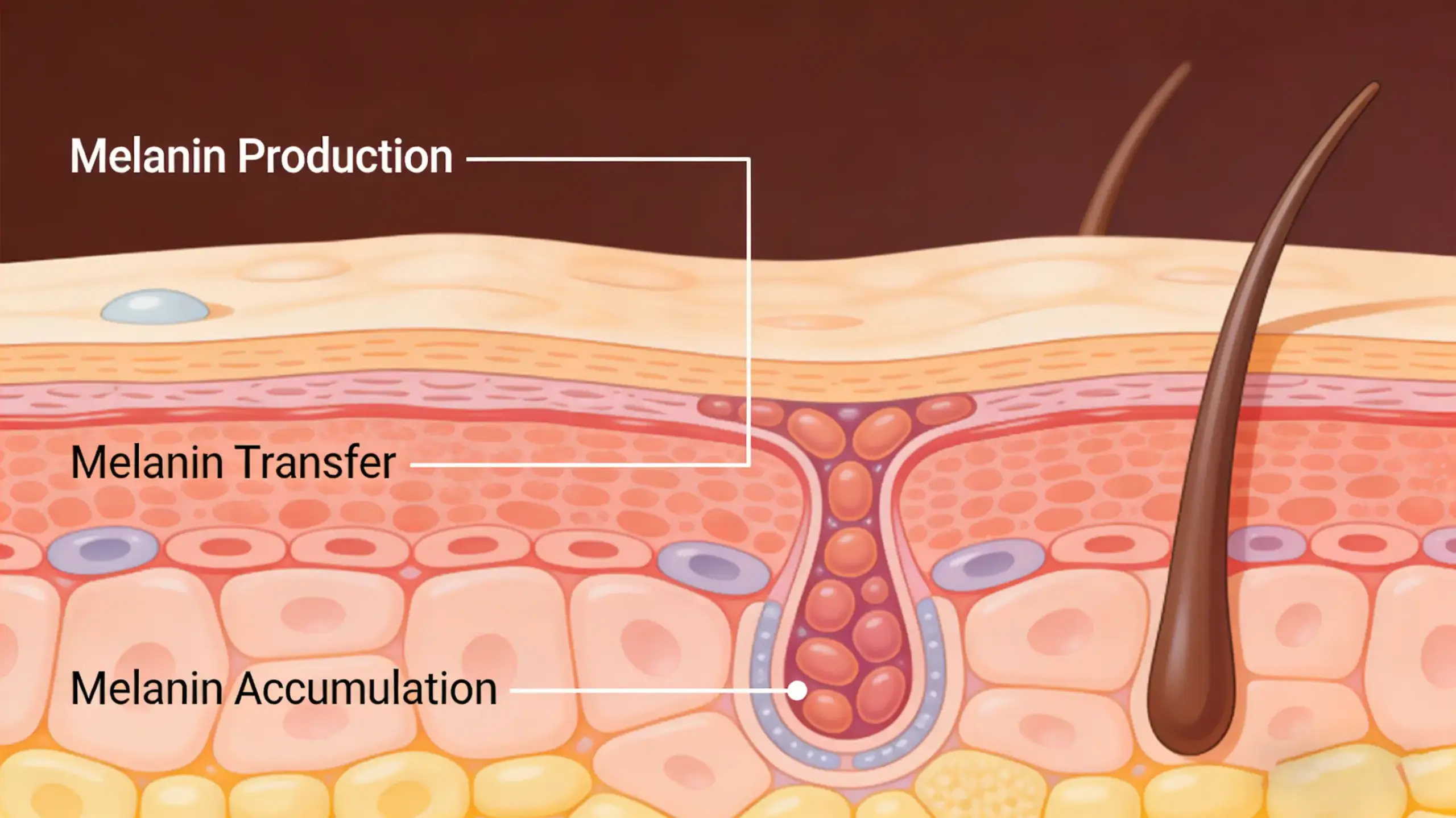 Diagram showing how melanin production, transfer, and accumulation influence visible skin tone and whitening outcomes