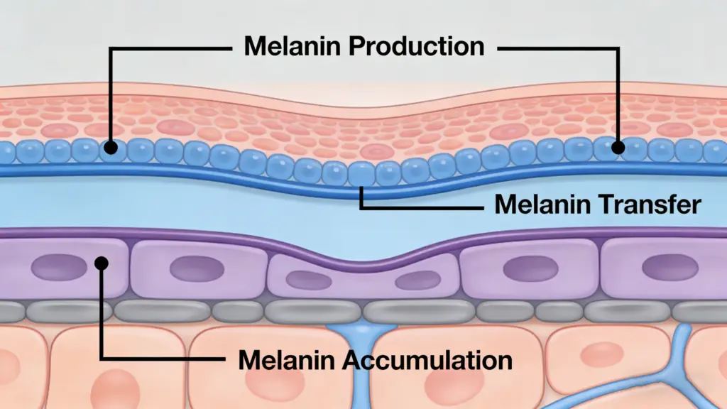 Conceptual illustration showing different whitening ingredients affecting skin pigmentation through distinct biological pathways