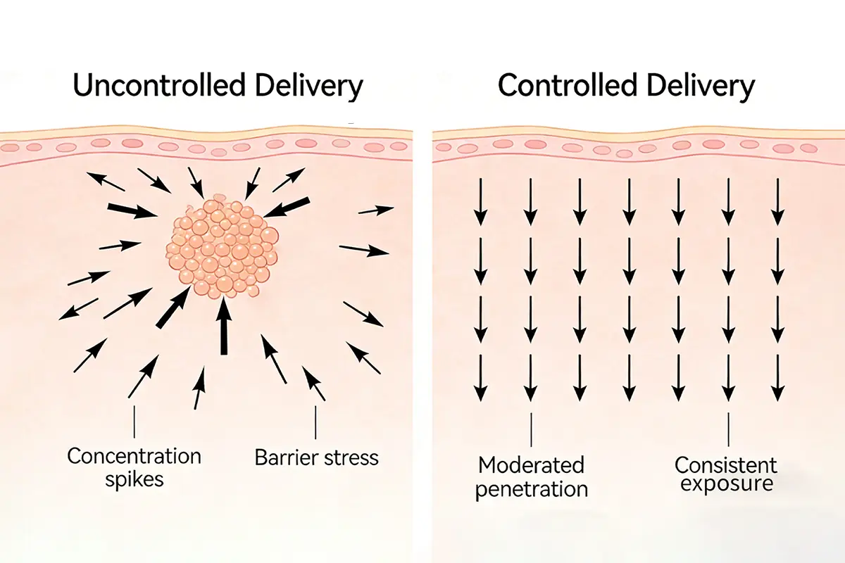 Controlled vs uncontrolled delivery behavior in sensitive-skin whitening formulations