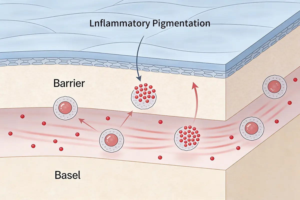Diagram showing inflammation-induced pigmentation activity across barrier and basal layers