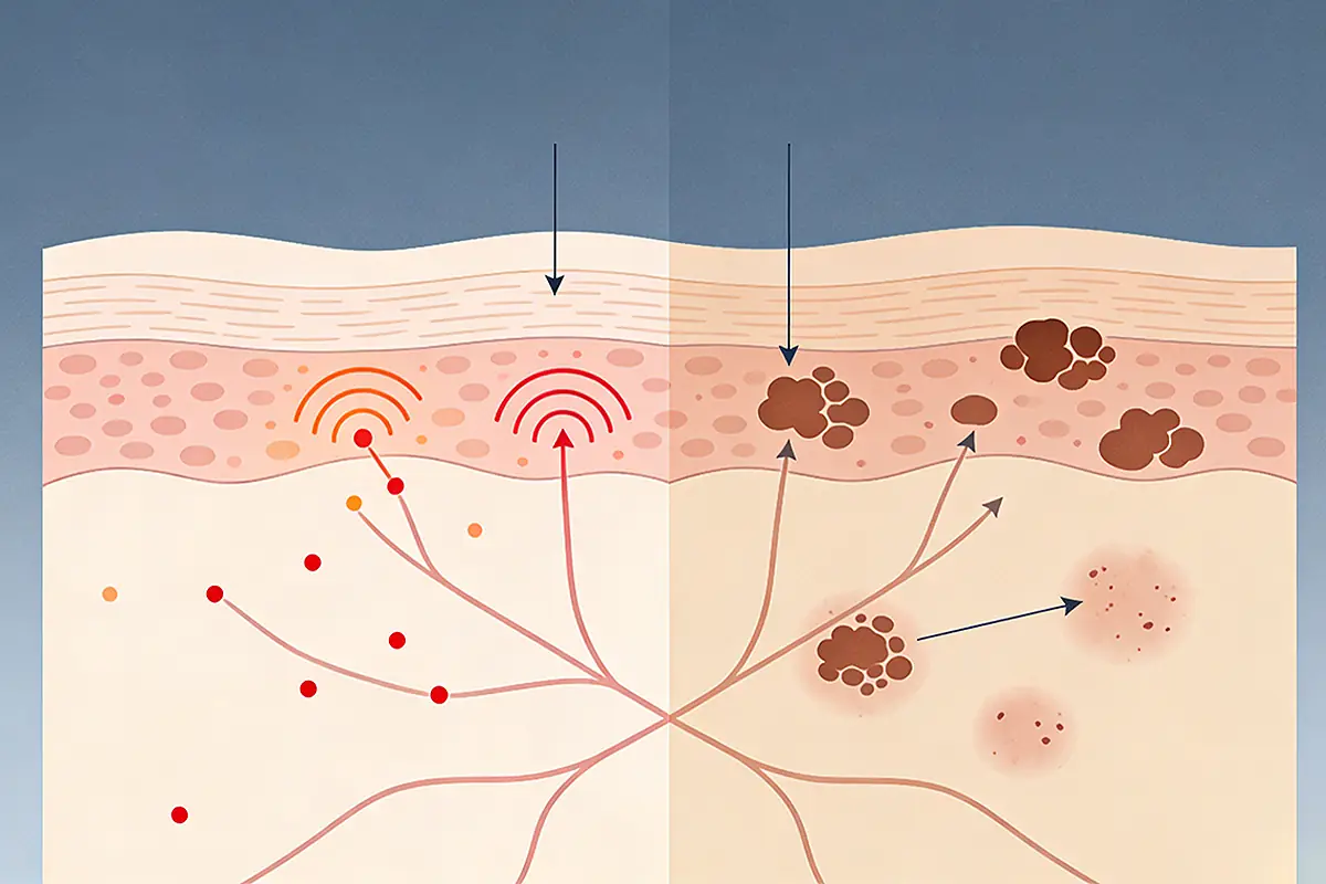 Illustration showing inflammatory signals disrupting pigmentation regulation pathways