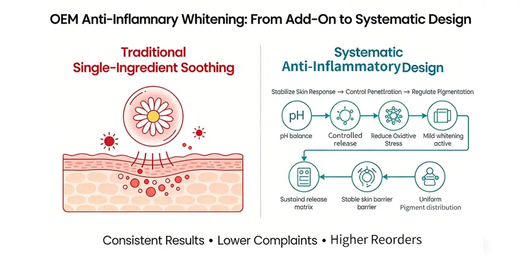 Comparison of traditional single-ingredient soothing vs systematic anti-inflammatory design in OEM whitening formulations, showing pH balance, controlled release, and pigment regulation for consistent results.