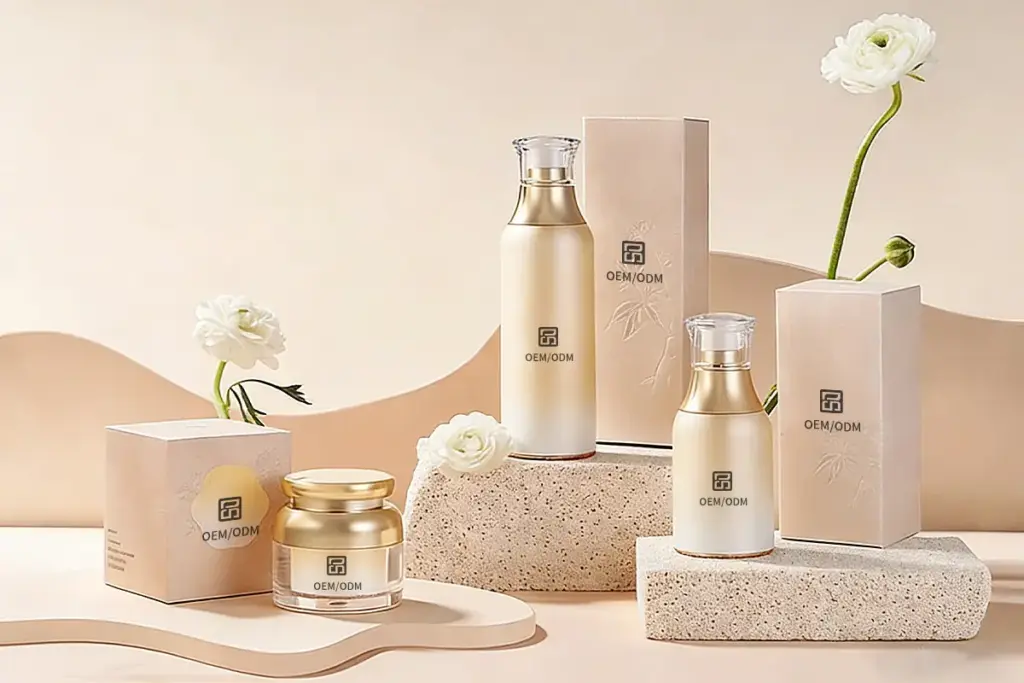 Private label whitening skincare products with custom OEM packaging, illustrating first-batch product development for brand owners