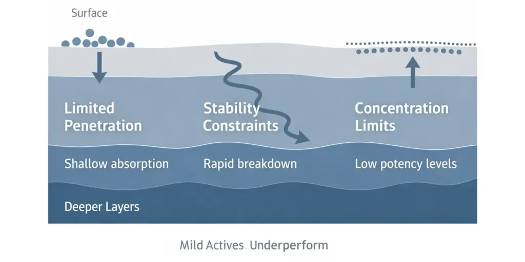 Diagram illustrating limited penetration, stability constraints, and concentration limits affecting mild whitening actives.