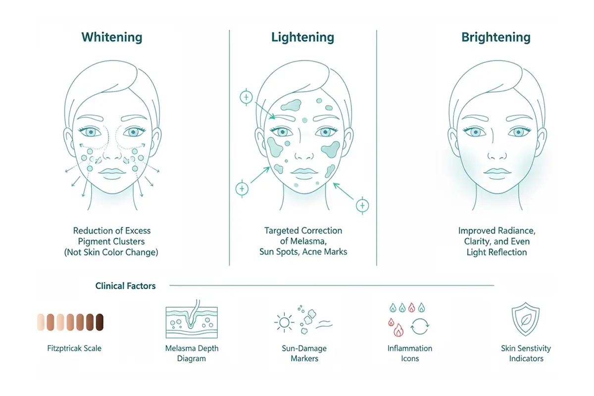 Diagram explaining the difference between whitening mechanisms, targeted lightening of pigmentation, and brightening effects related to skin radiance and light reflection