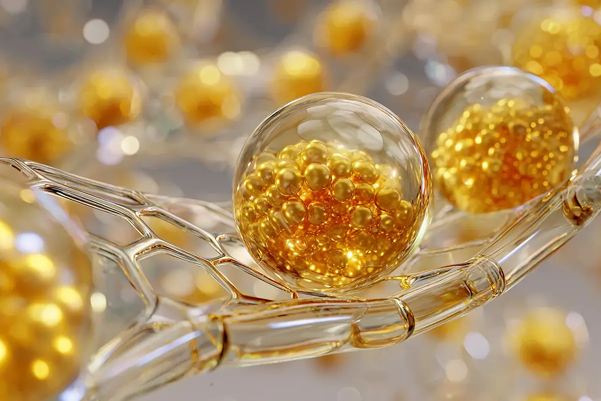 High magnification of microencapsulated 377 particles, illustrating the inner core of active ingredients and outer polymer shell for controlled release.