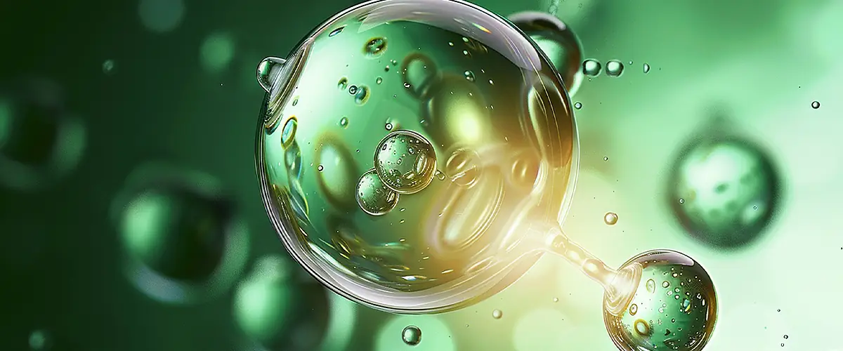 green bio-active delivery spheres representing fermentation-inspired skincare ingredients and gentle formulation systems