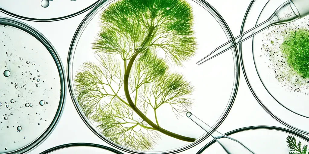 fermented actives in whitening formulation shown with botanical material in laboratory petri dishes
