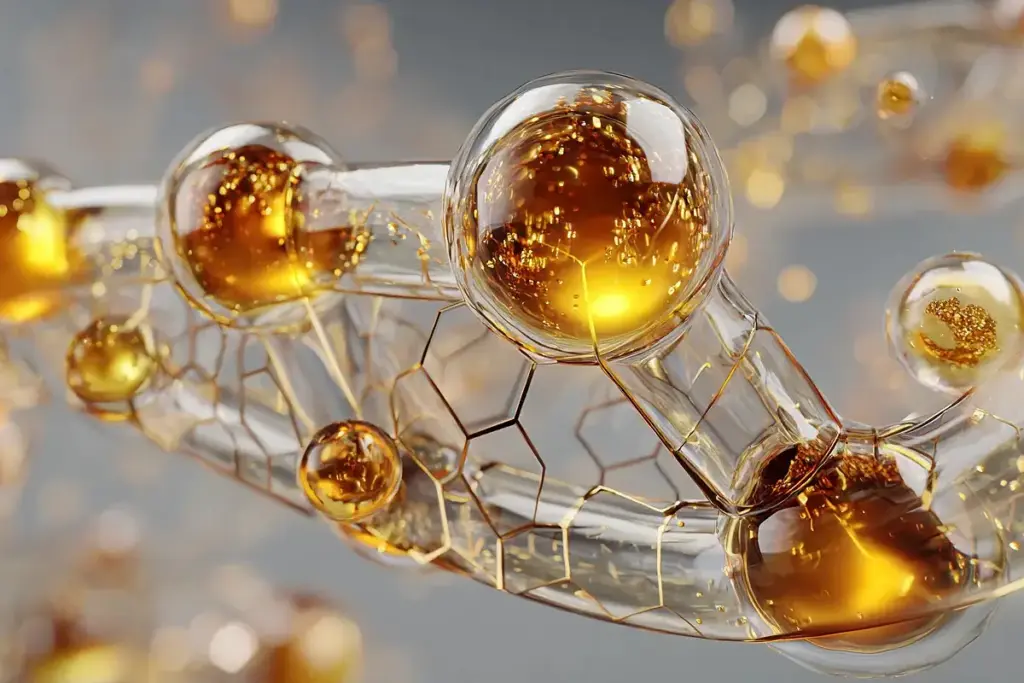 3D rendering of microencapsulated 377 molecules, golden active ingredients encapsulated in transparent lipid shells for enhanced stability and penetration.