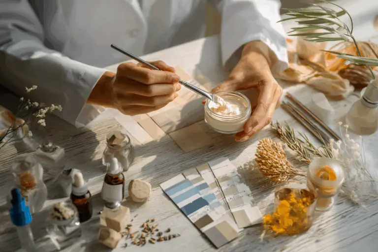 Formulation scientist preparing a whitening serum with niacinamide, showing precise mixing and ingredient compatibility considerations