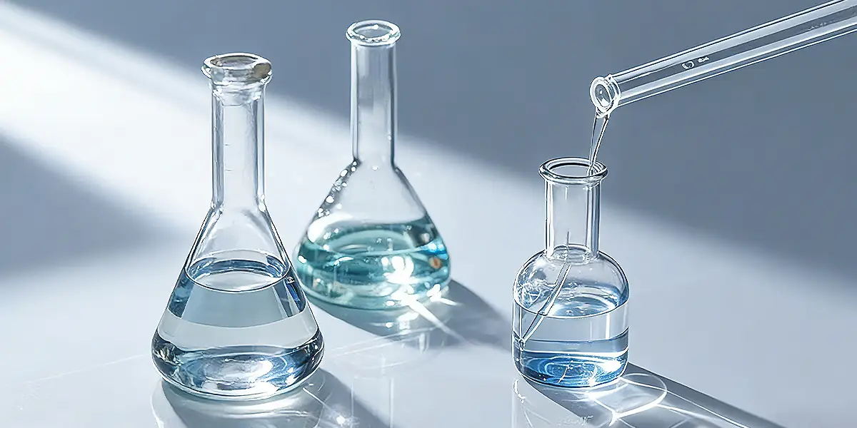 Clean laboratory glassware (flasks and pipettes) with blue liquid, representing skincare formulation development and stability testing