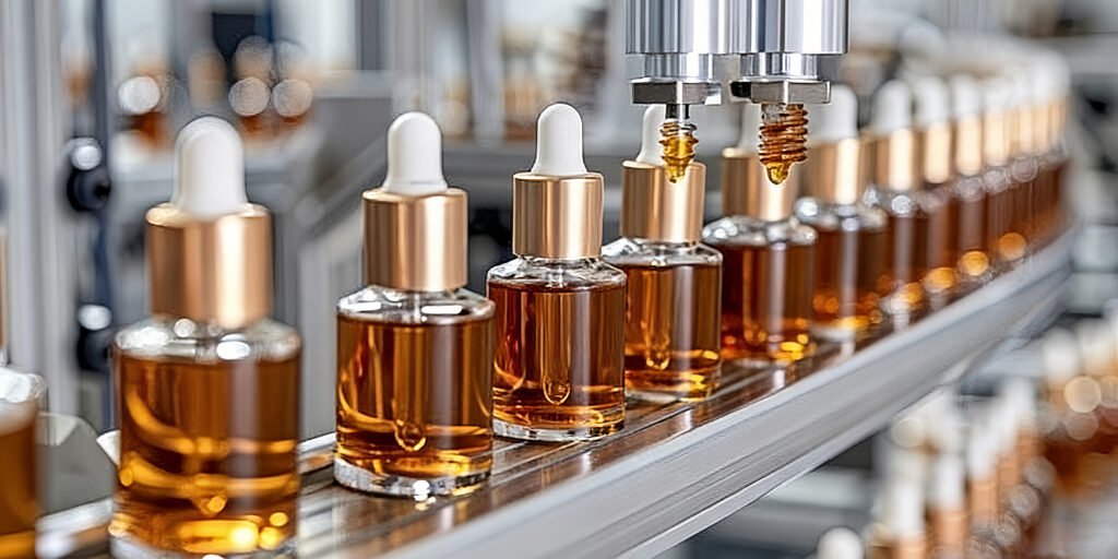 Automated production line filling amber glass dropper bottles with whitening serum, cosmetic OEM manufacturing scene