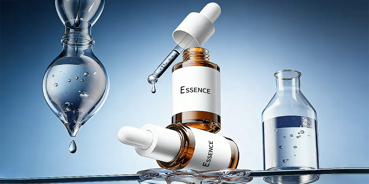 Amber dropper serum bottles with lab glassware, illustrating whitening serum formulation prototyping and efficacy evaluation