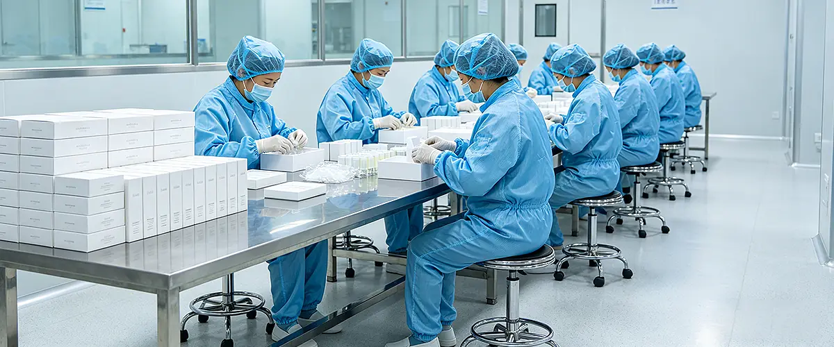 skincare oem production team packaging anti aging products in cleanroom environment