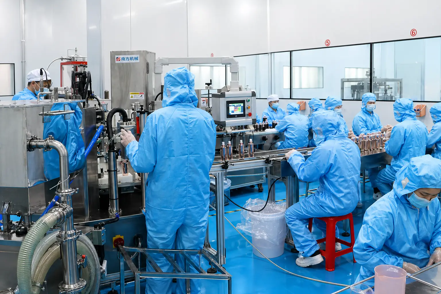 Beautyoem skincare OEM production workshop showing cosmetic filling and packaging for beauty brand projects
