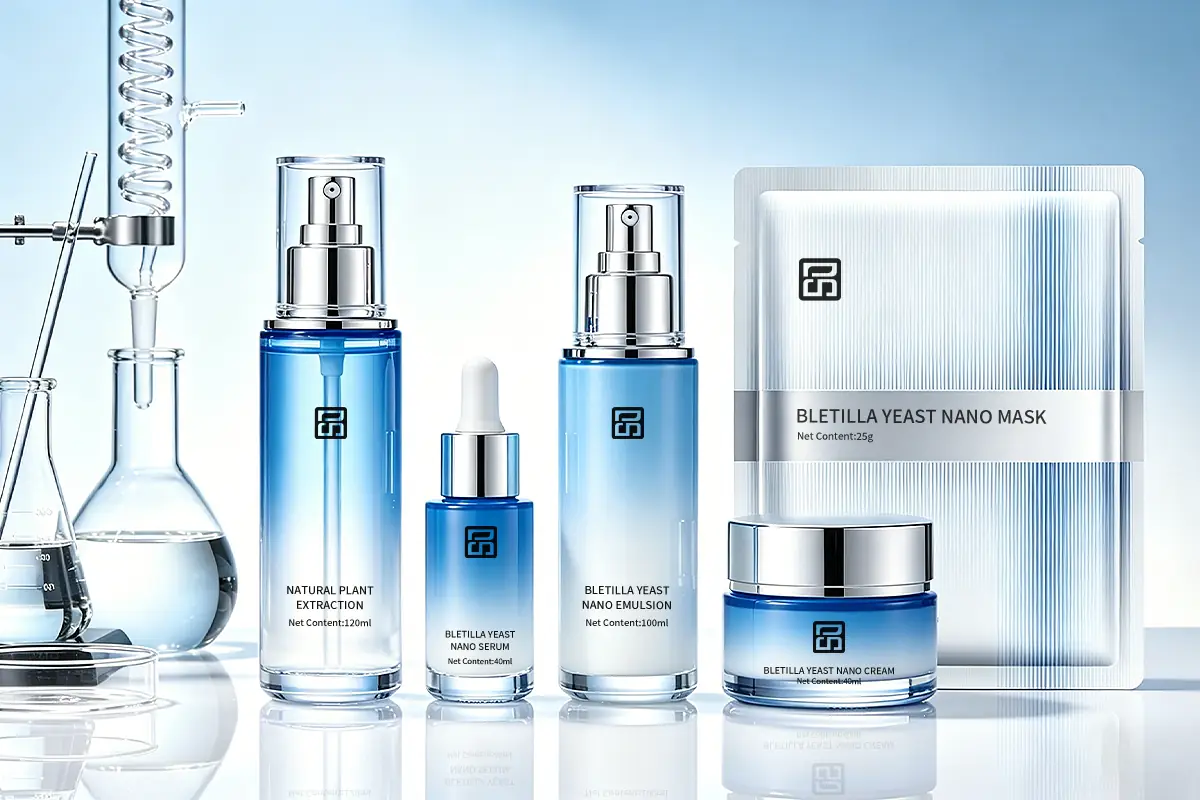 Blue skincare product series inspired by botanical extraction technology featuring bletilla-based serum, emulsion, cream, and mask