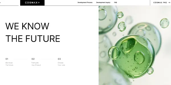 COSMAX skincare ODM website screenshot for anti-aging skincare manufacturer comparison