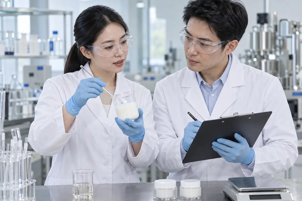 Cosmetic chemists reviewing a custom skincare formulation sample in the laboratory