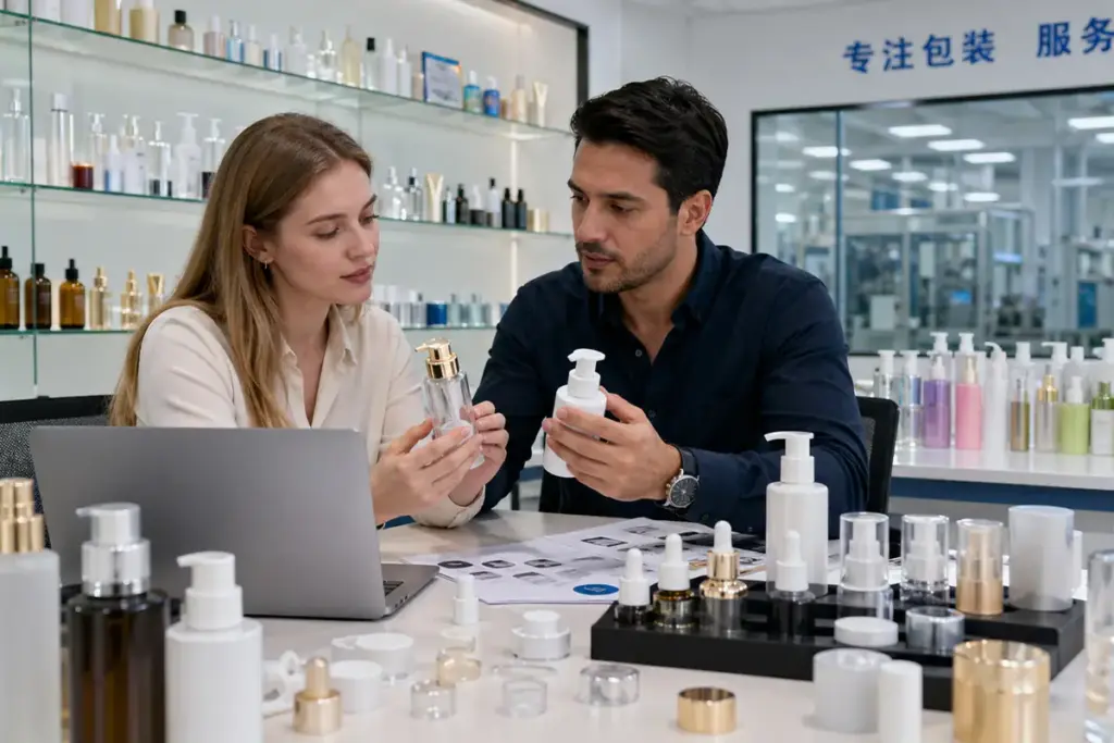 Beauty brand client reviewing skincare packaging samples and bottle options with an OEM team before production planning