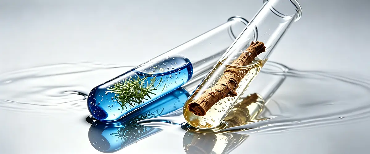 test tubes showing botanical and fermented bio active ingredients for anti inflammaging skincare formulation