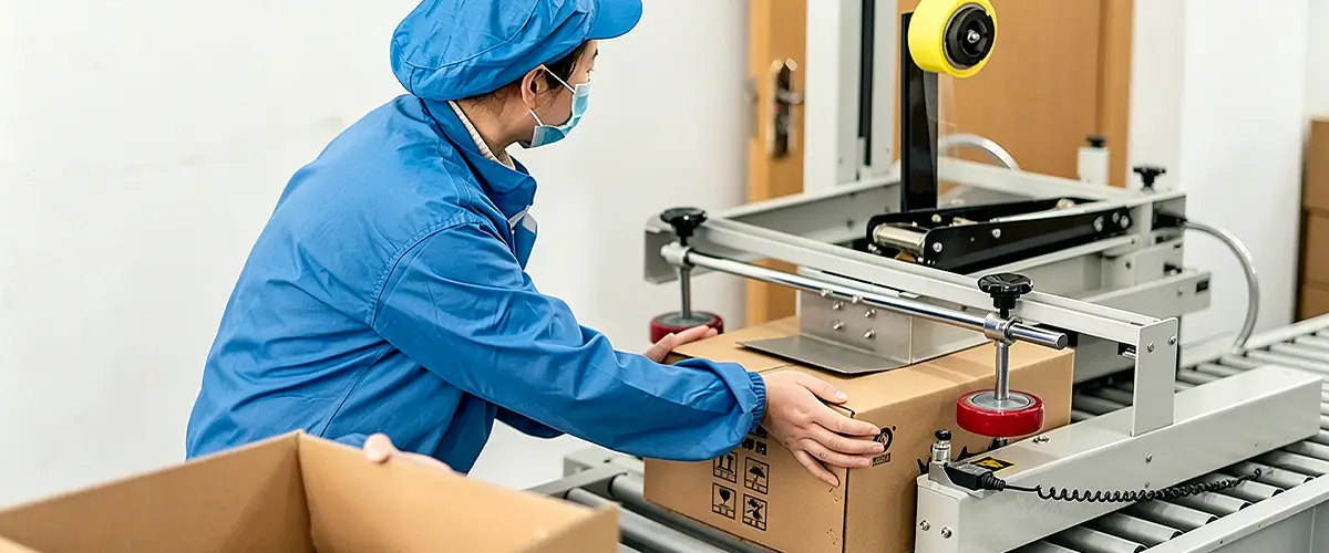 Worker sealing skincare shipment cartons during final OEM packaging process