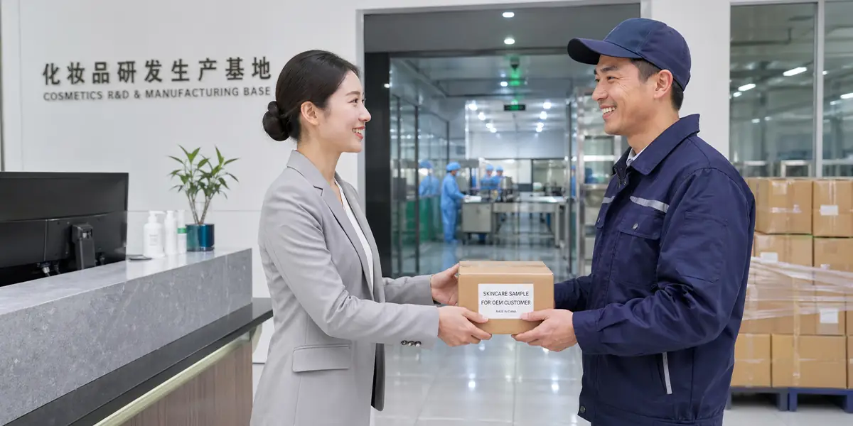 OEM team handing a skincare sample package to a client at a cosmetics R&D and manufacturing base