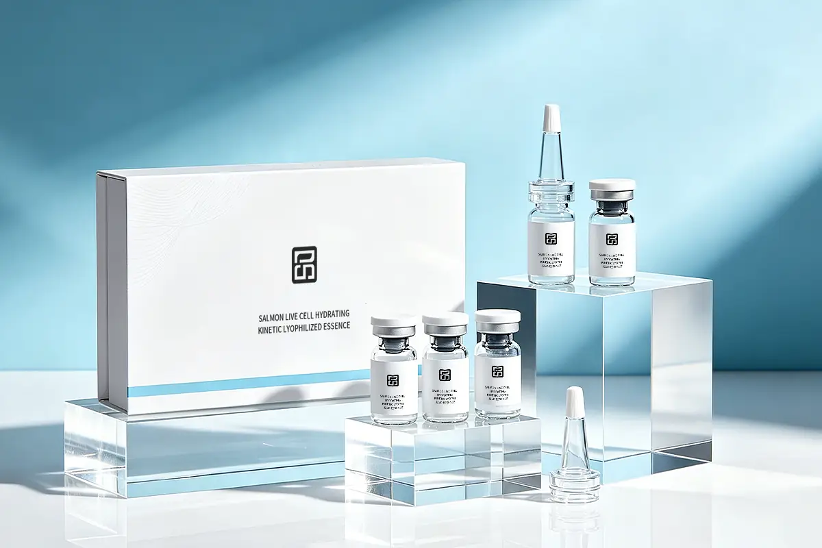 Freeze-dried skincare essence system with vials and mixing solution representing freeze-dried active technology