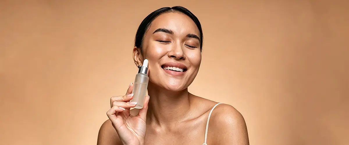 woman holding a gentle anti aging serum representing sensitive skin friendly skincare positioning