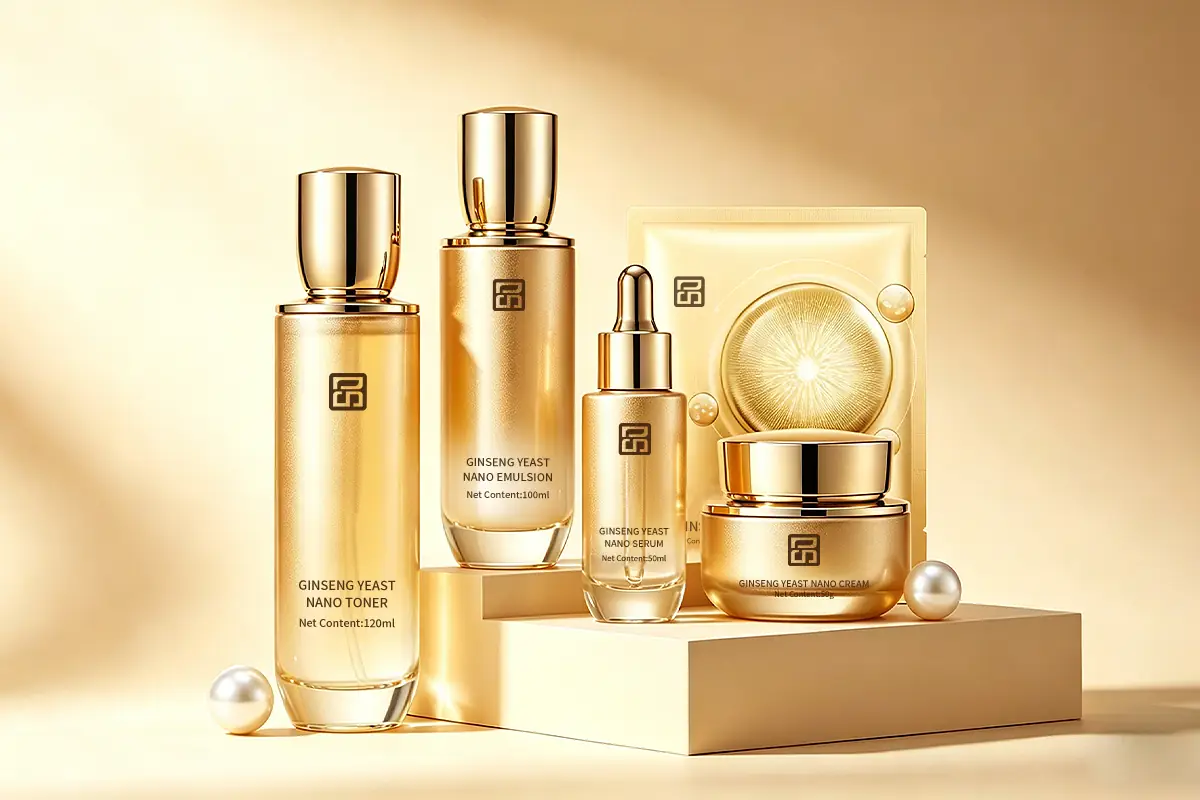 Golden skincare product series representing nano microemulsion technology with ginseng toner, emulsion, serum, cream, and mask