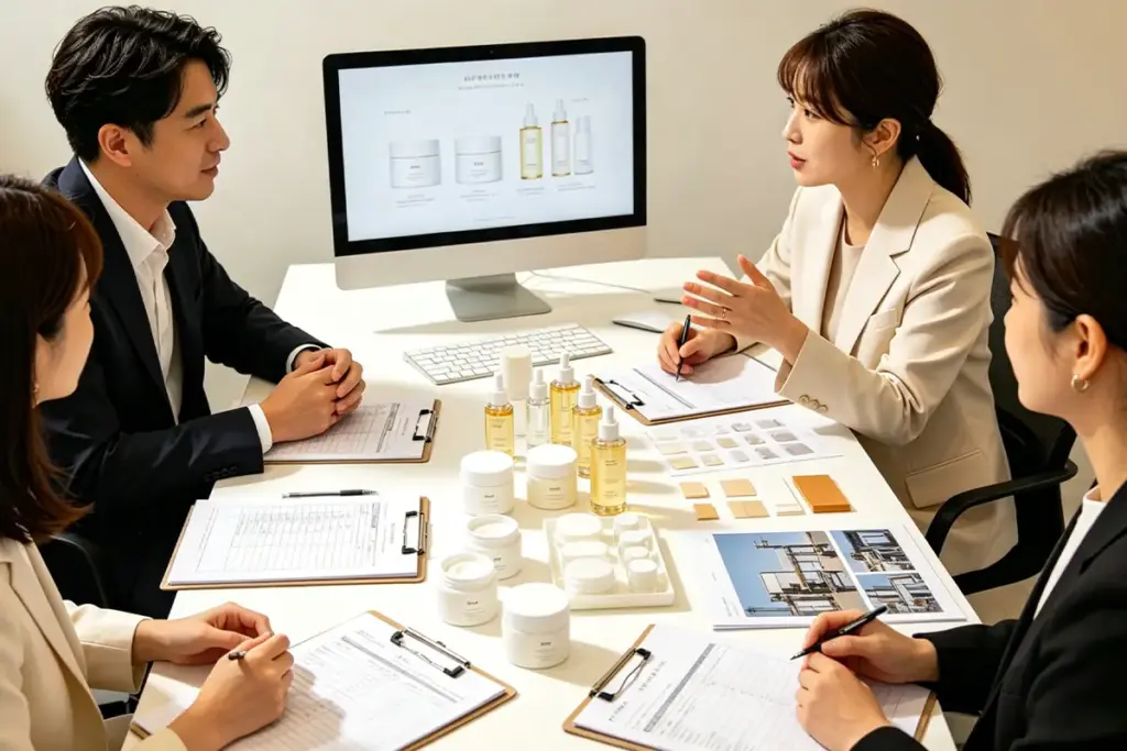 New beauty brand team discussing skincare OEM manufacturer options with product samples and development documents