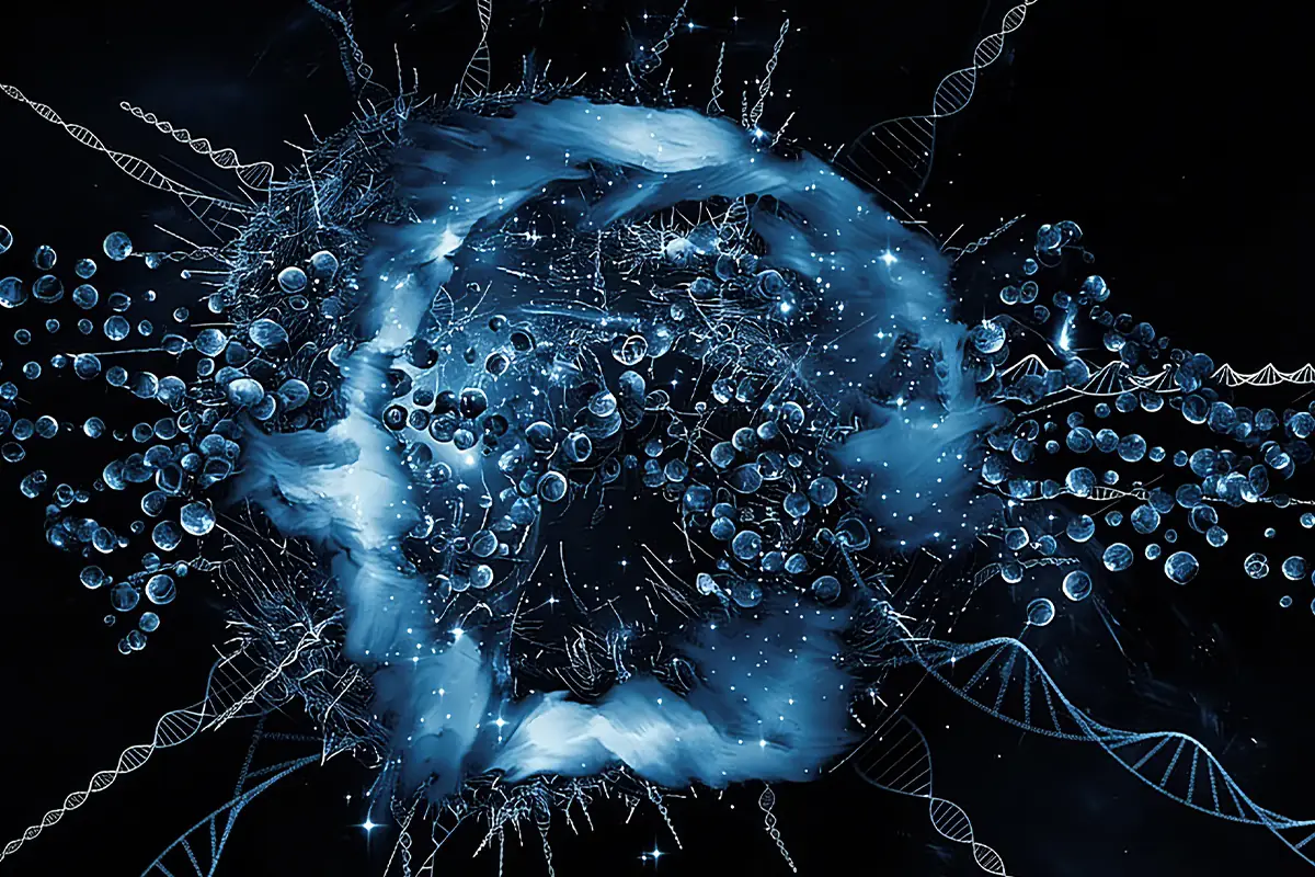 Illustration of oxidative stress and free radicals damaging skin cells and accelerating collagen breakdown