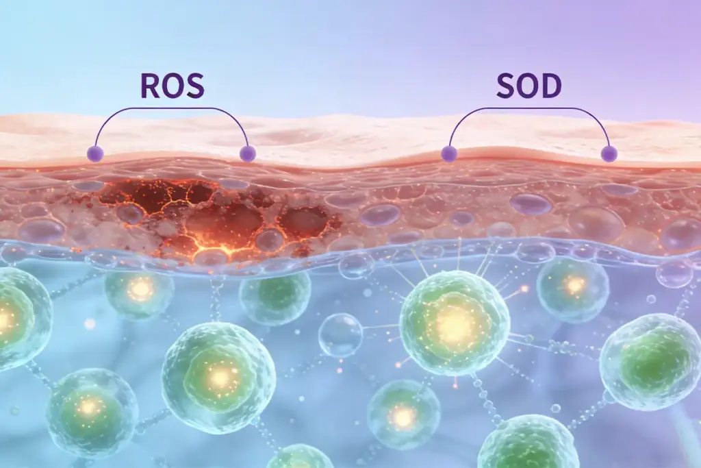 illustration showing reactive oxygen species damaging skin and SOD protecting against oxidative stress
