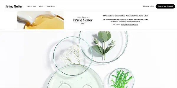 Prime Matter Labs skincare manufacturing website screenshot for anti-aging OEM manufacturer comparison