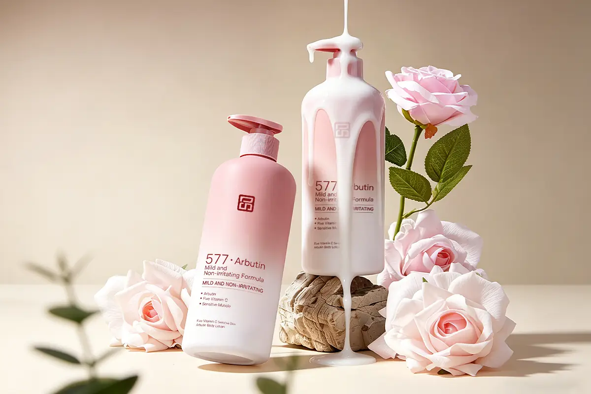 Private label body lotion and body cream bottles with soft floral styling for custom body care OEM manufacturing
