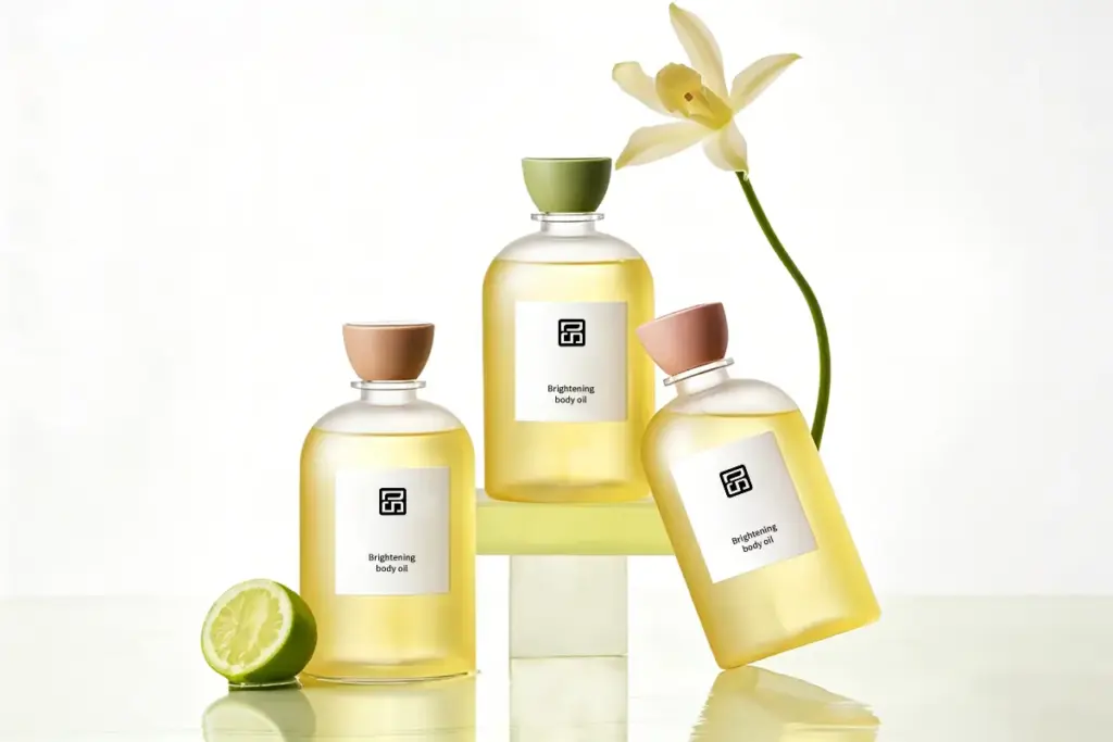Private label body oil bottles with botanical styling for moisturizing body oil and massage oil OEM development