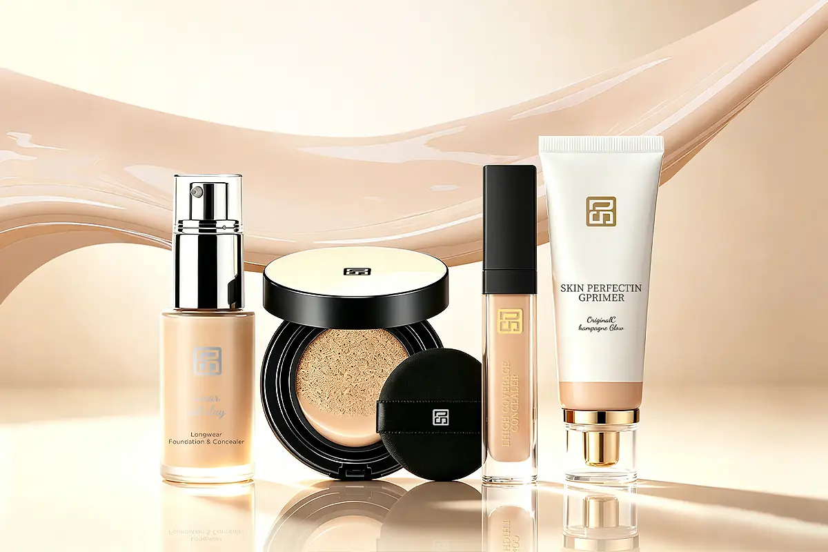 Private label face makeup products including foundation, cushion compact, concealer, and primer