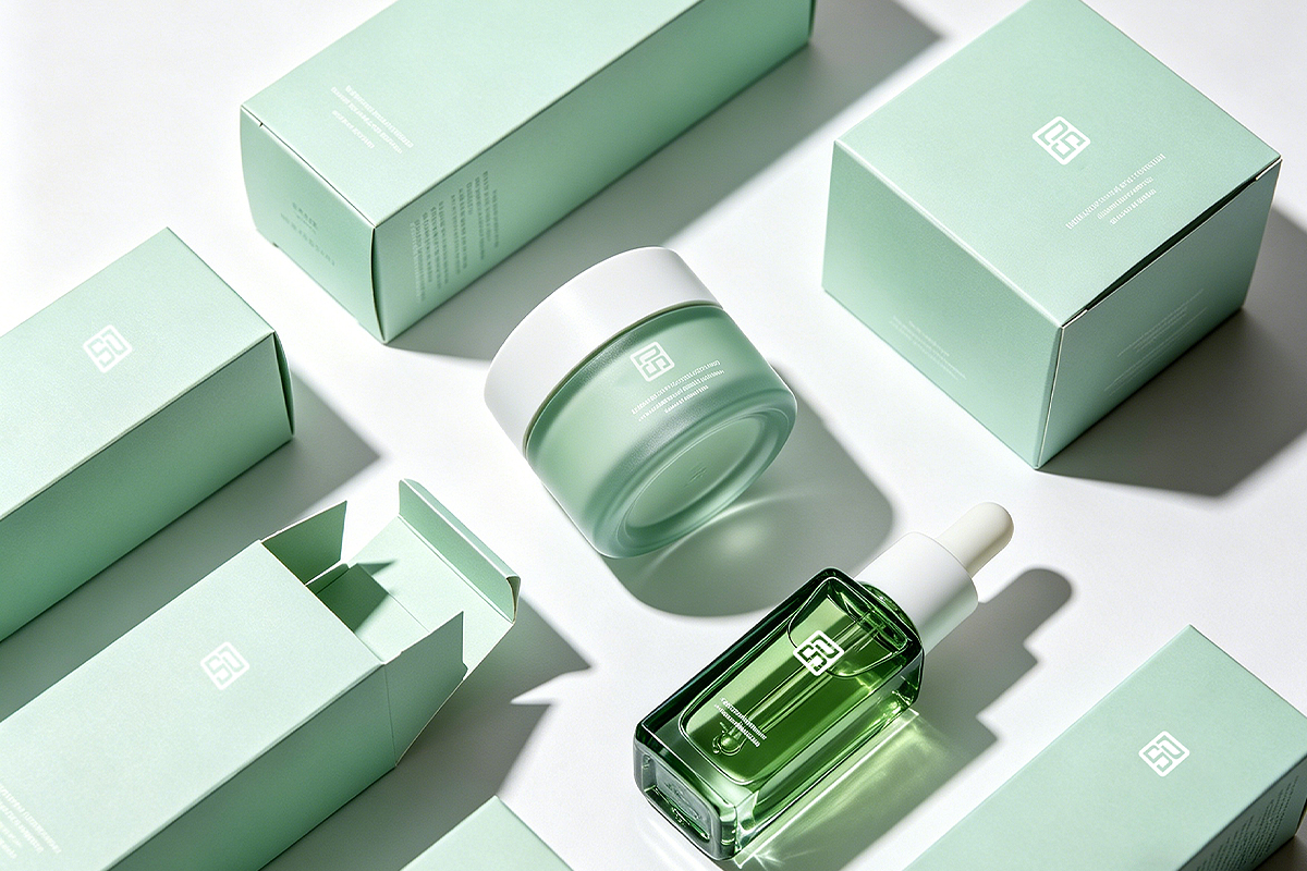 Green skincare packaging boxes, jar, and serum bottle presenting a custom product concept for skincare OEM development and quotation preparation.