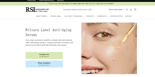 RainShadow Labs private label anti-aging serum website screenshot for skincare manufacturer comparison