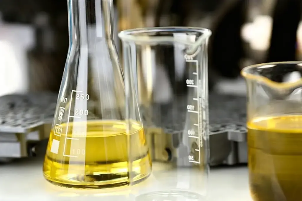 laboratory glassware with yellow active liquid for retinol anti aging skincare oem formulation