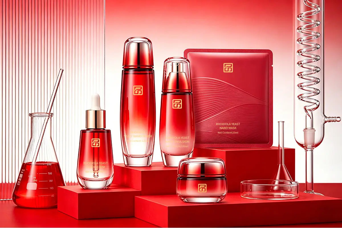 Red skincare product series representing fermentation technology with rhodiola yeast toner, emulsion, serum, cream, and mask