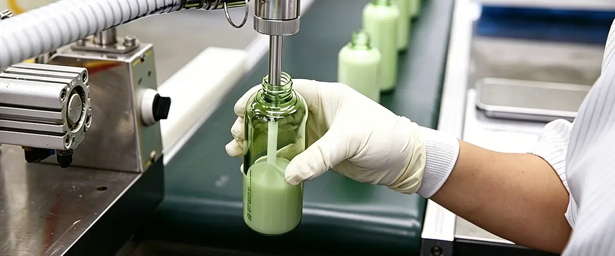 Operator filling skincare product into bottle during OEM production process