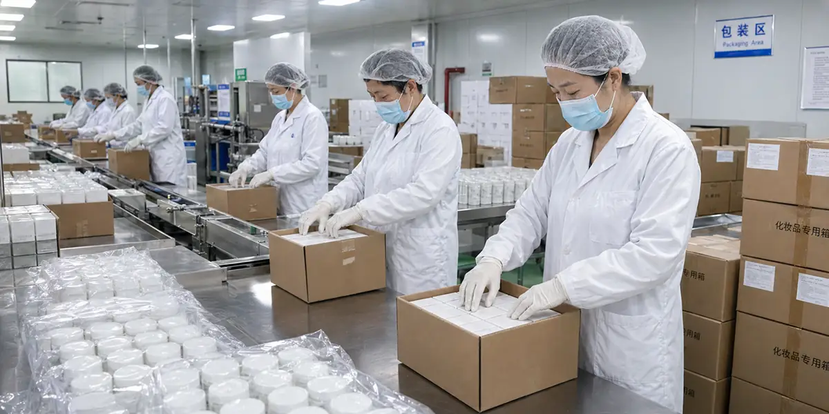 Workers packing finished skincare products in the packaging area before OEM shipment