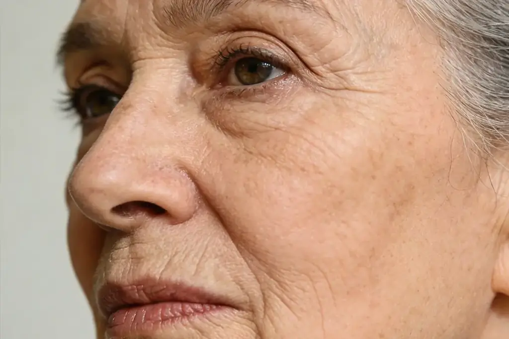 Close-up of mature skin showing wrinkles fine lines and texture changes in anti-aging skincare context