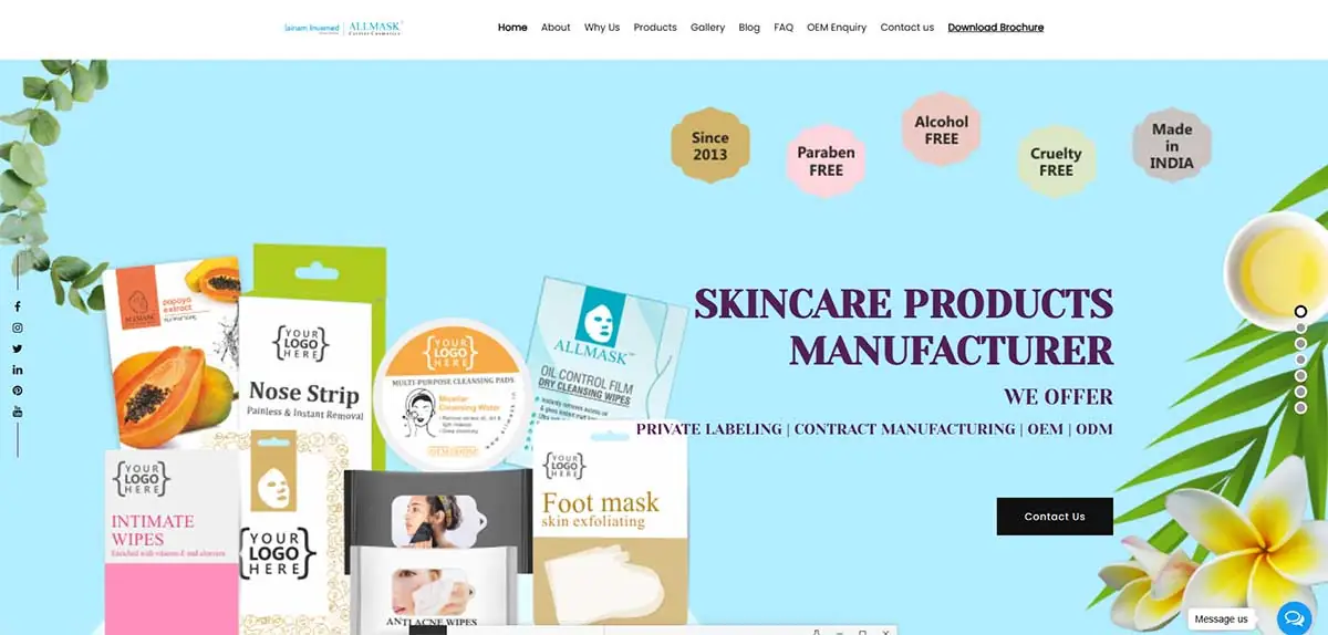 Screenshot of ALLMASK website representing private label skincare, facial cleanser, mask, and cosmetic OEM manufacturing support in India