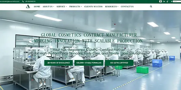 Ausmetics global cosmetics contract manufacturer homepage showing scalable production and OEM services