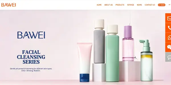 Bawei Bio-Technology cosmetics OEM homepage showing facial cleansing and skincare product series
