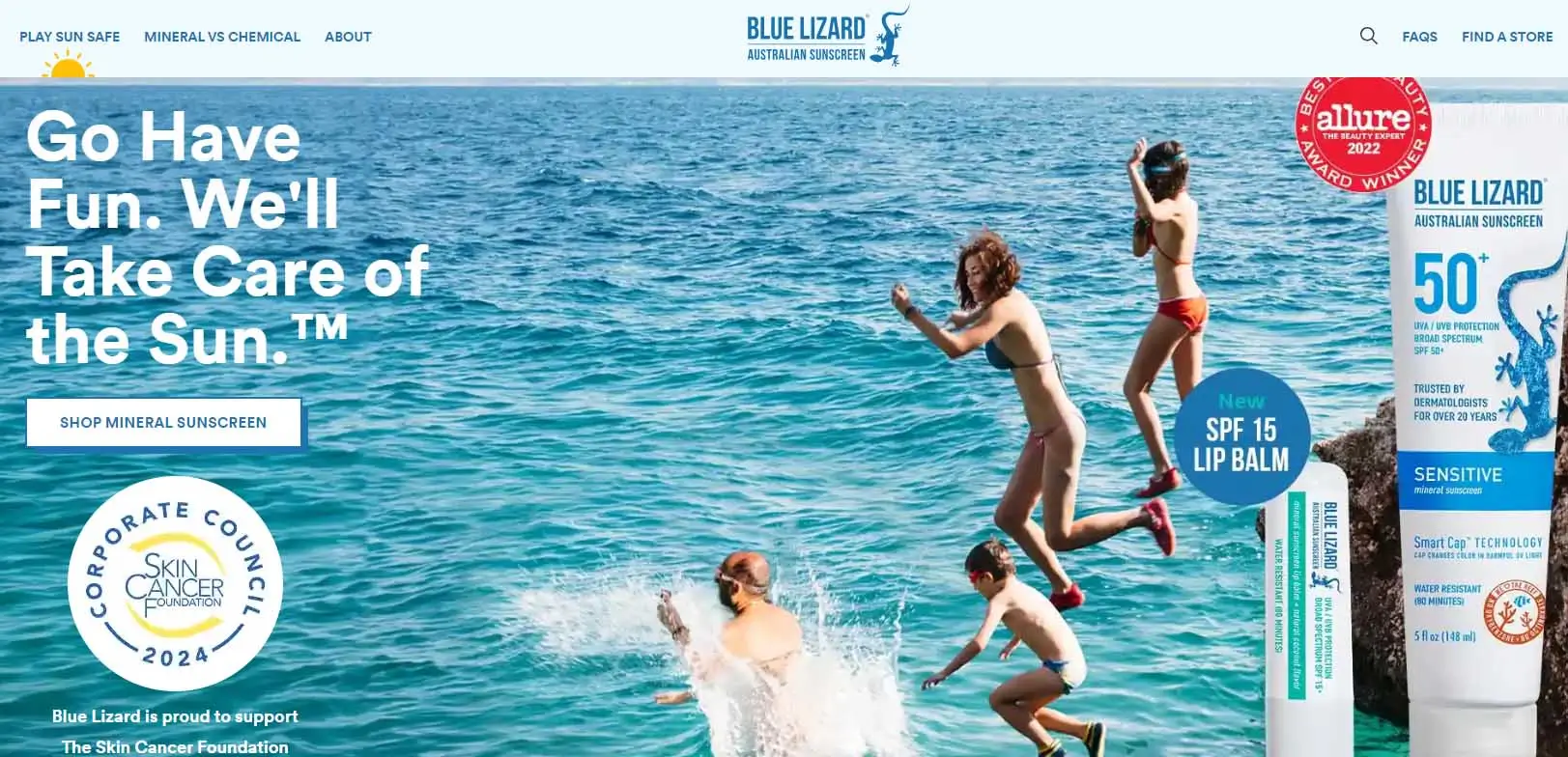 Screenshot of Blue Lizard Australian Sunscreen website showing mineral sunscreen, family sun care, and SPF 50 sensitive skin sunscreen positioning