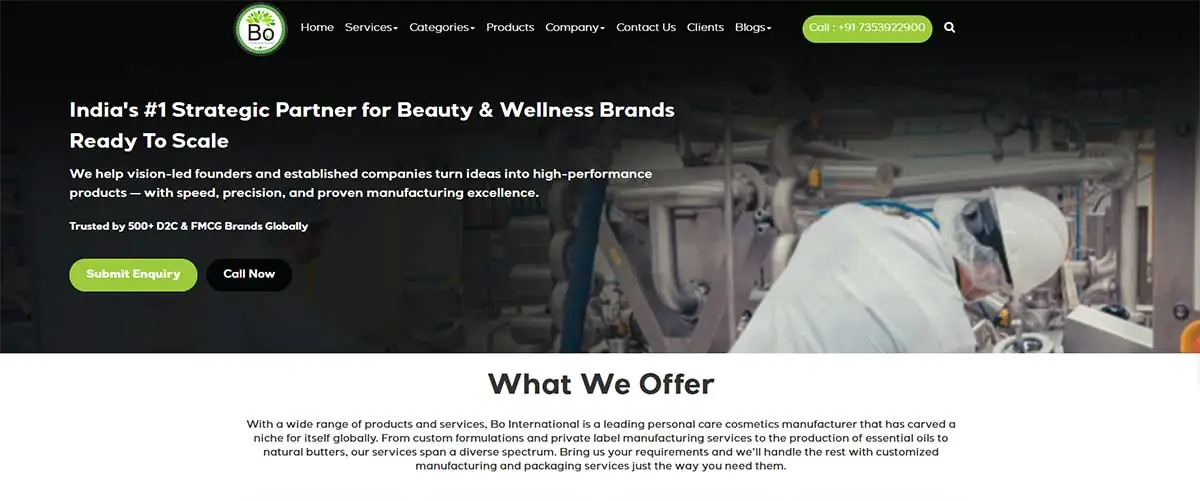 Screenshot of Bo International website showing its beauty and wellness manufacturing positioning for private label brands